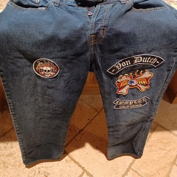 Von Dutch Universal Greaser Biker Jeans, Flying Eyeball, Compton, Skull, Size 36 - Picture 2 of 2